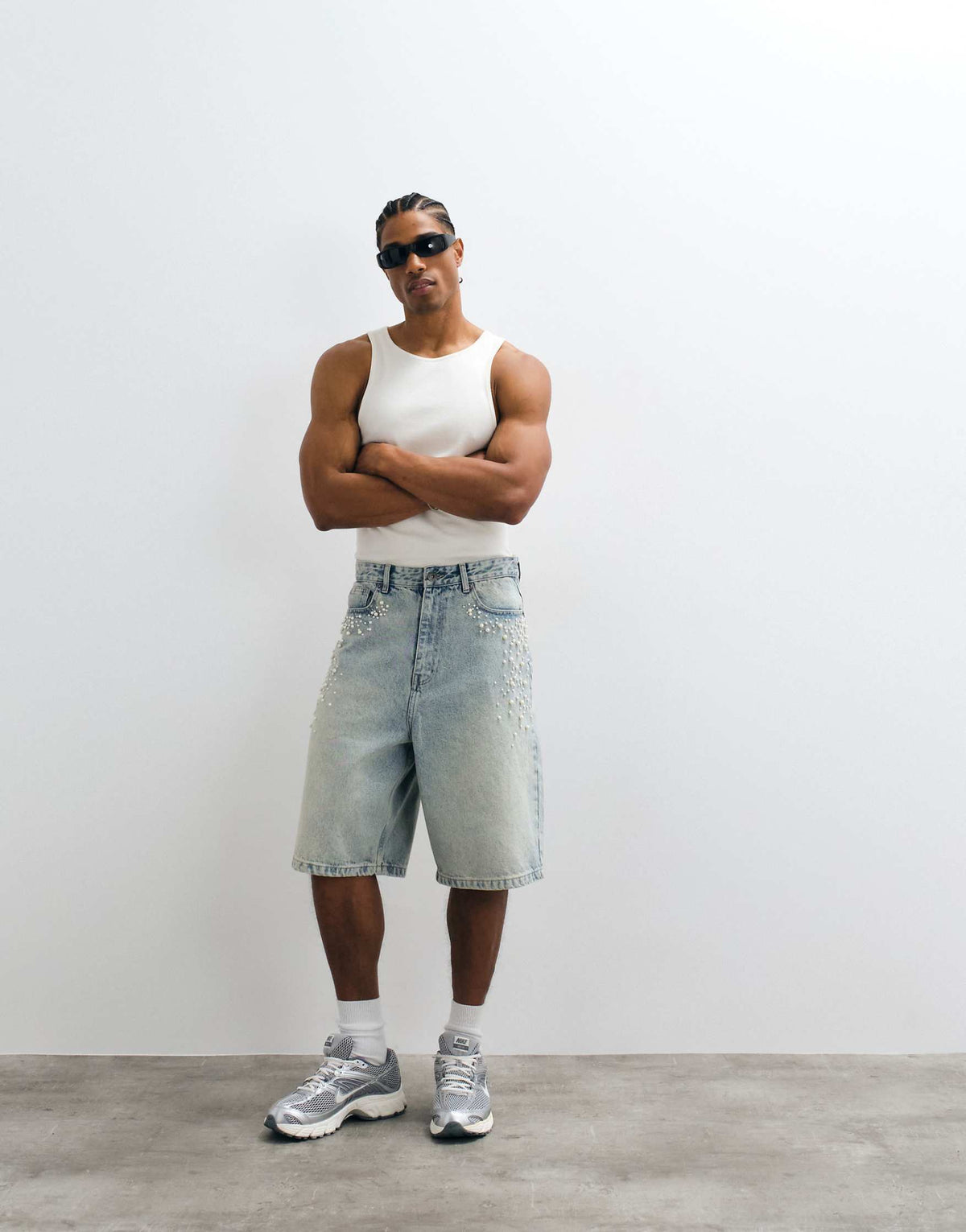 Courtside Denim Pearl Embellished Jorts