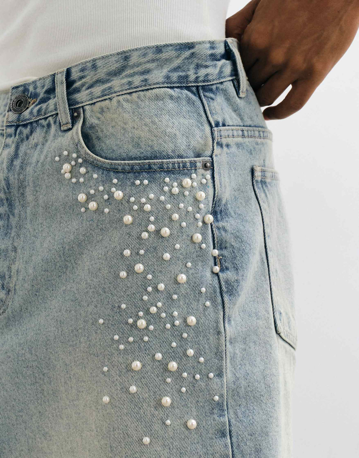 Courtside Denim Pearl Embellished Jorts
