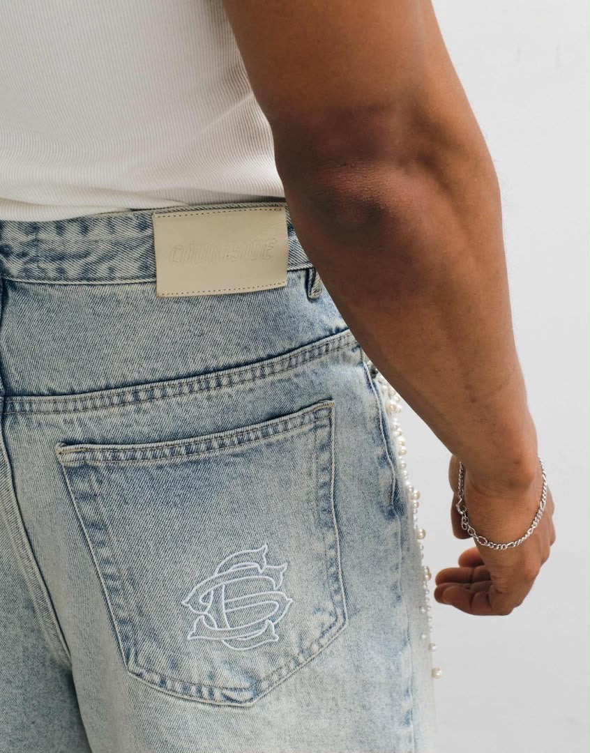Courtside Denim Pearl Embellished Jorts