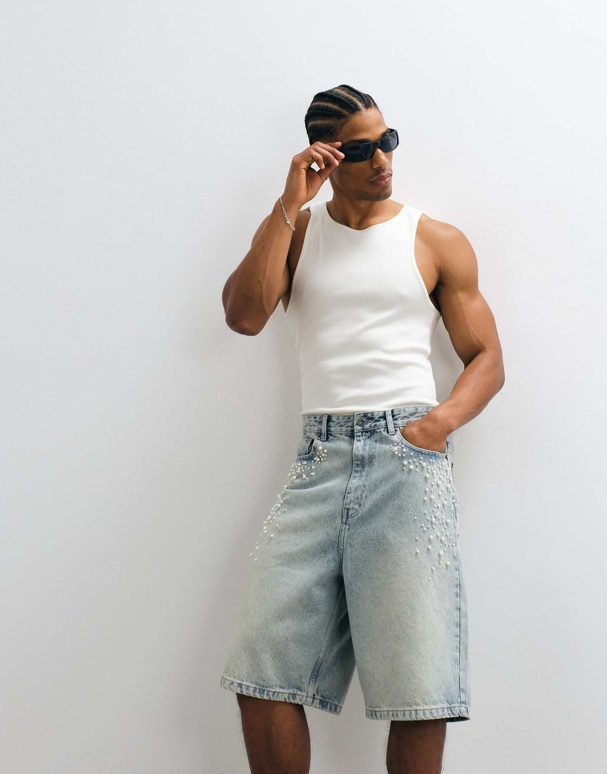 Courtside Denim Pearl Embellished Jorts